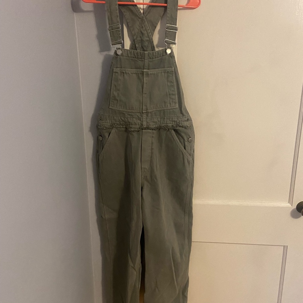 Asos. Green denim overalls, frill waist. UK10